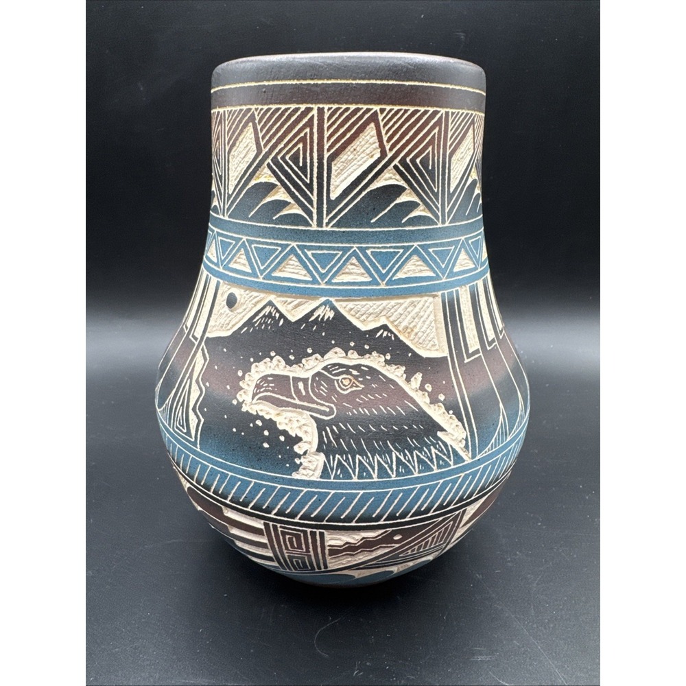 Navajo Flying Eagle Art Pottery Vase Native American Tom F Harrison Sign Number